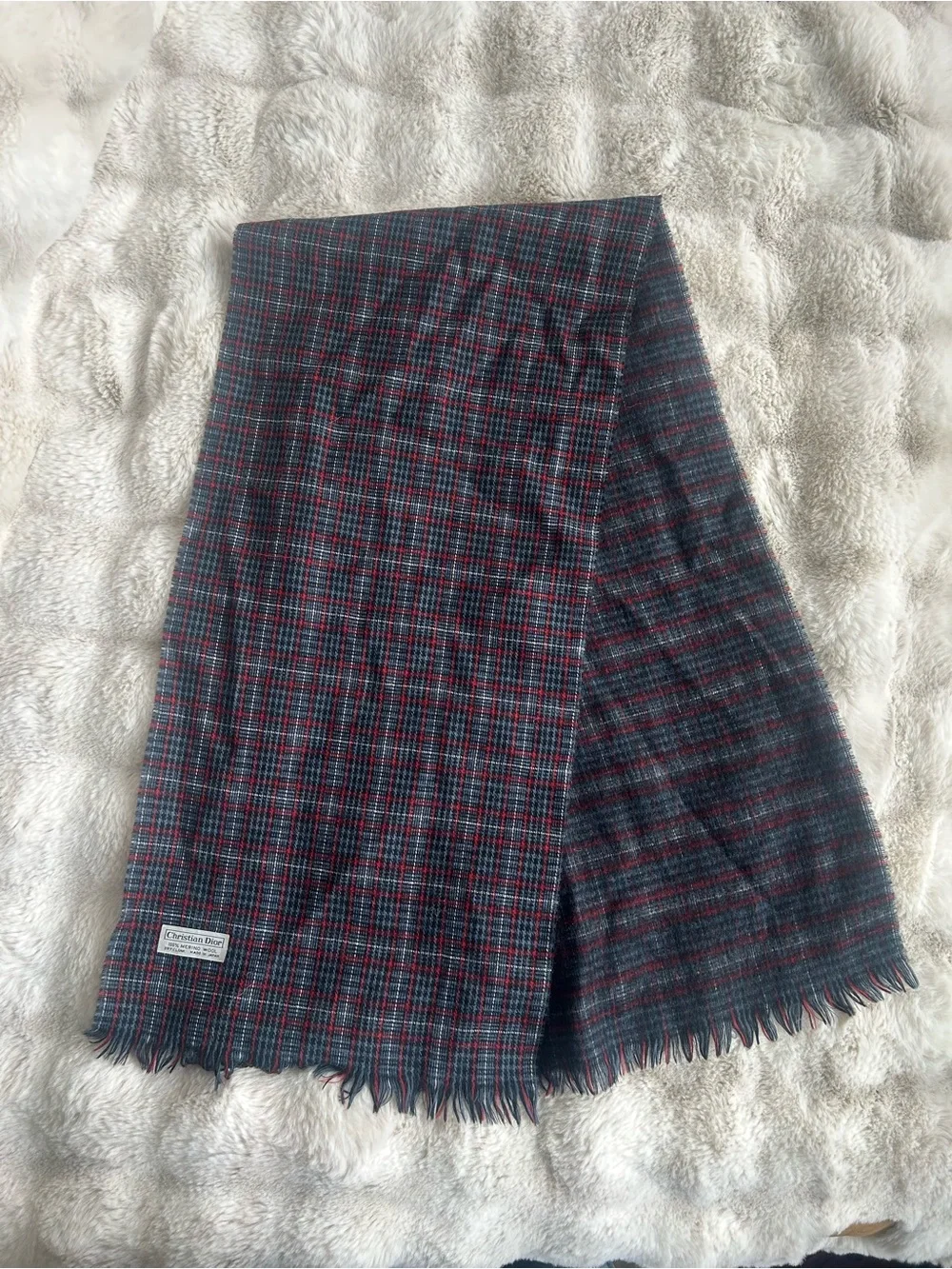 Vintage Dior Plaid Wool Scarf in Navy and Red